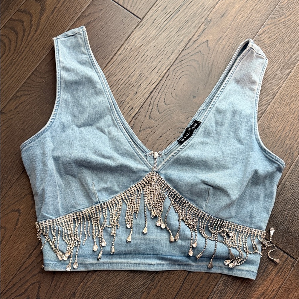 Trendy Denim Crop Top with Sparkling Silver Details